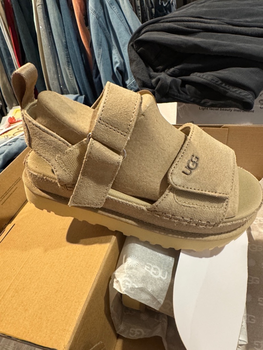UGG ladies Tan Suede Platform Sandal with Hook-and-Loop Straps